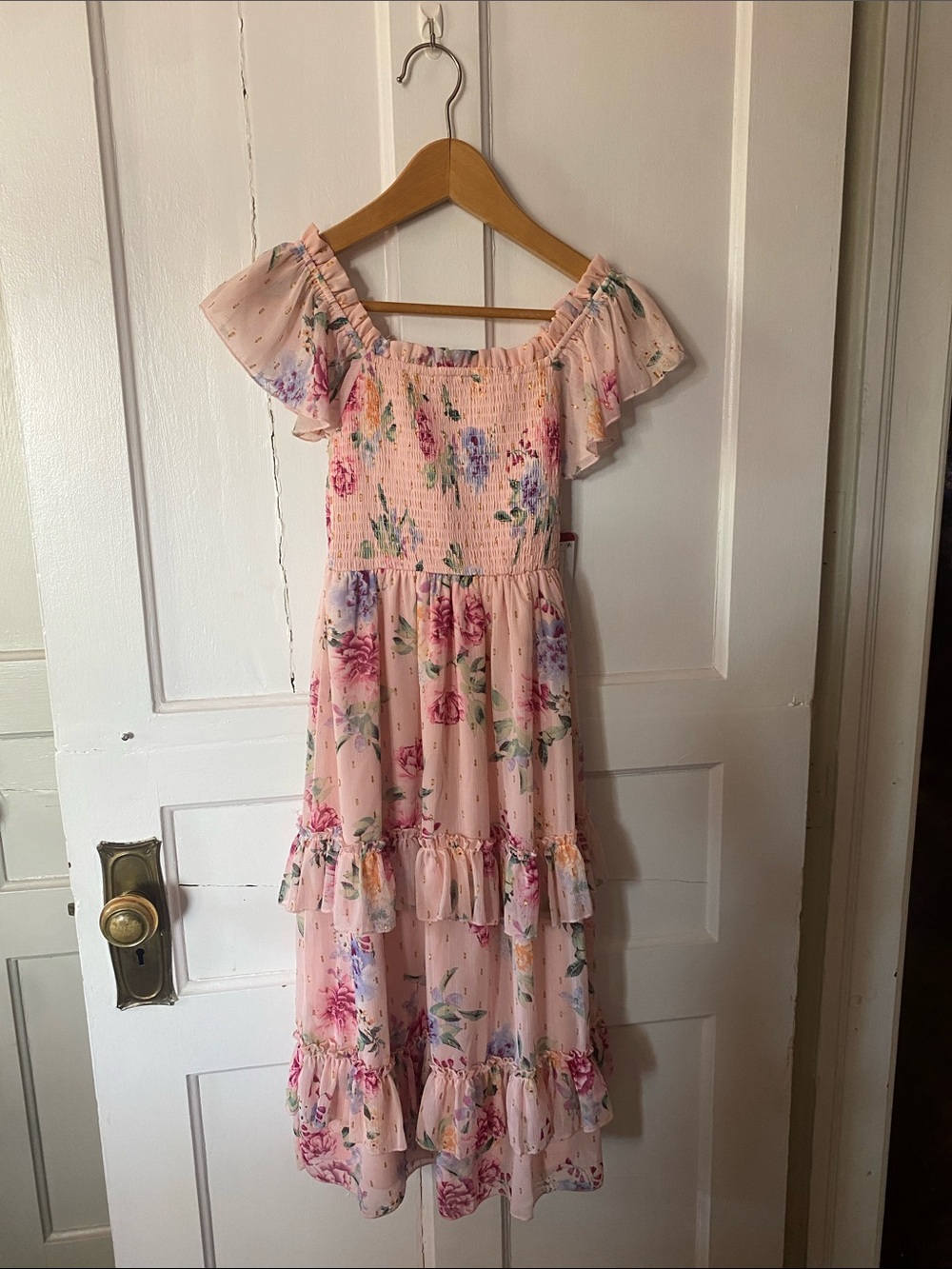 Rare Editions Pink Floral Off-the-Shoulder Tiered Dress